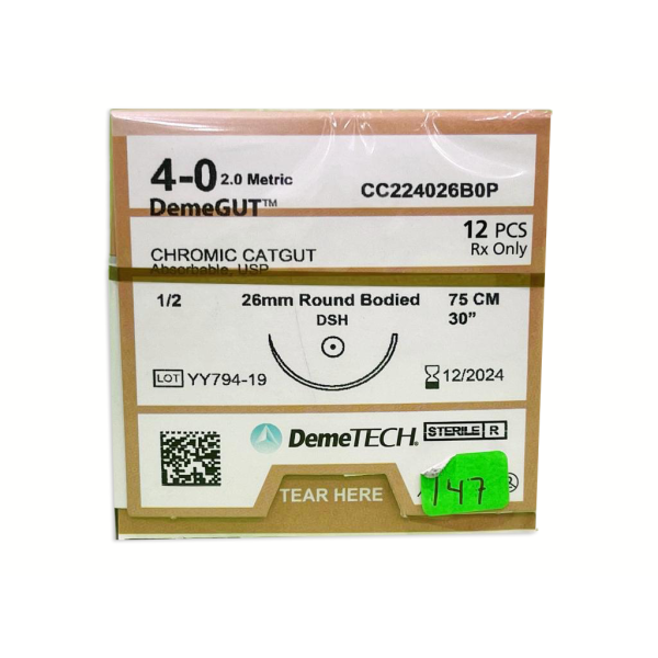 SUTU CATGUT CROMICO 75CM 4-0 26MM 1/2 AHUSADA DEMETECH