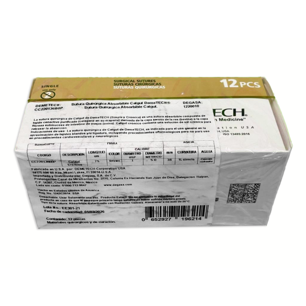 SUTU CATGUT CROMICO 75CM 4-0 26MM 1/2 AHUSADA DEMETECH - Imagen 2