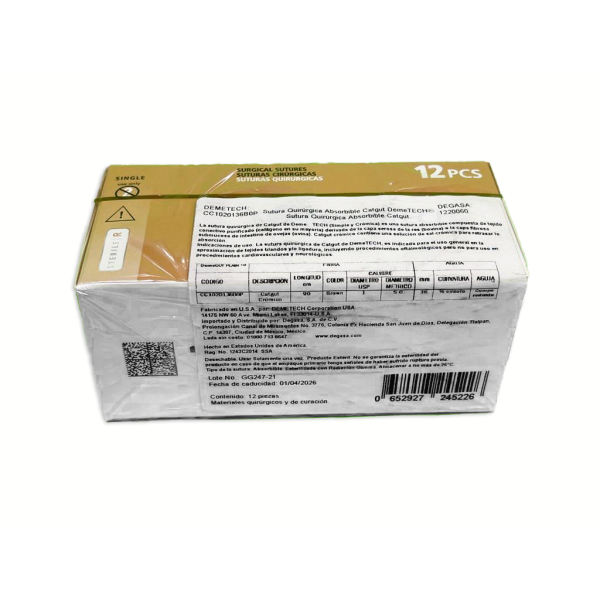 SUTU CATGUT CROMICO  90CM 1, 36MM 1/2 AHUSADA DEMETECH - Imagen 2