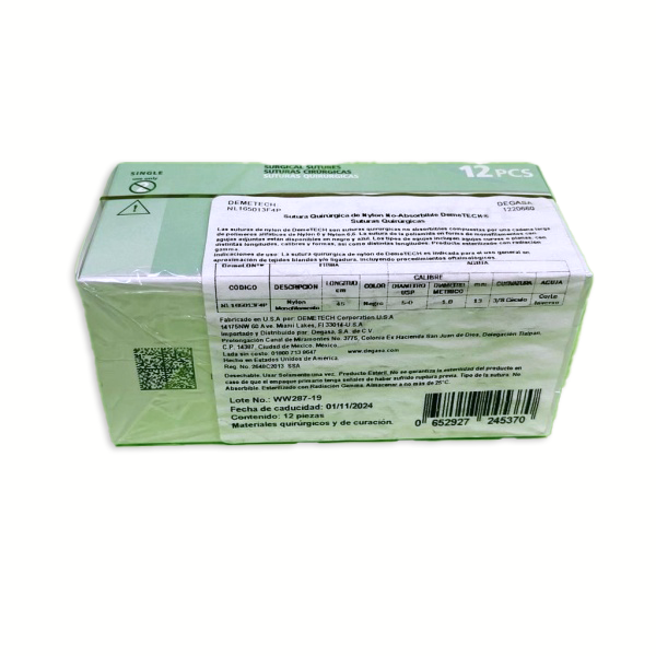 SUTURA NYLON 45CM 5-0 13MM 3/8 REV CORTANTE DEMETECH - Imagen 2