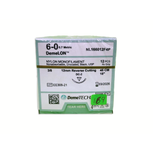 SUTURA NYLON 45CM 6-0 12MM 3/8 REVER CORTANTE DEMETECH