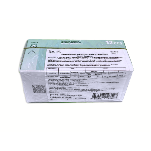 SUTURA NYLON 45CM 6-0 12MM 3/8 REVER CORTANTE DEMETECH - Imagen 2