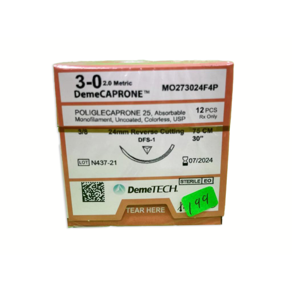 SUTU POLIGLE 75CM 3-0 24MM 3/8 REVE CORTANTE DEMETECH