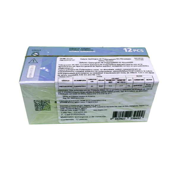 SUTURA POLIPROP 45CM 2-0 24MM 3/8 REVERSO CORTANTE DEMETECH - Imagen 2