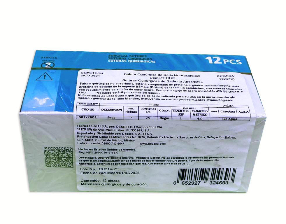 SUTURA SEDA 7X75 CM 1 SIN AGUJA MARCA DEMETECH - Imagen 2