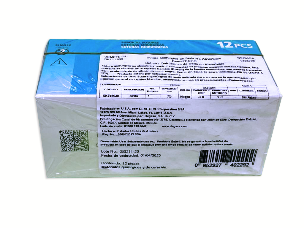 SUTURA SEDA 7X75CM 3-0 S/AGUJA DEMETECH - Imagen 2